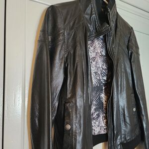 Guess Black Leather Jacket with Patterned Lining